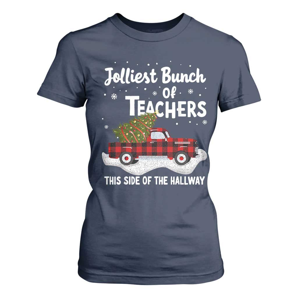 Teacher Christmas T Shirt For Women Jolliest Bunch Of Teachers This Side Of The Hallway TS10 Navy Print Your Wear
