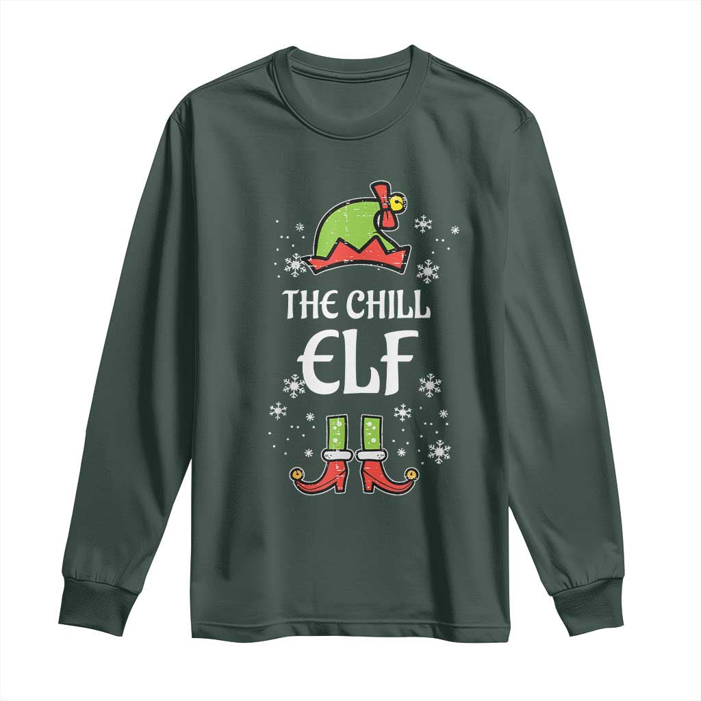 Funny Christmas Chill Guy Long Sleeve Shirt The Chill Elf Meme Xmas Family Match TS10 Dark Forest Green Print Your Wear