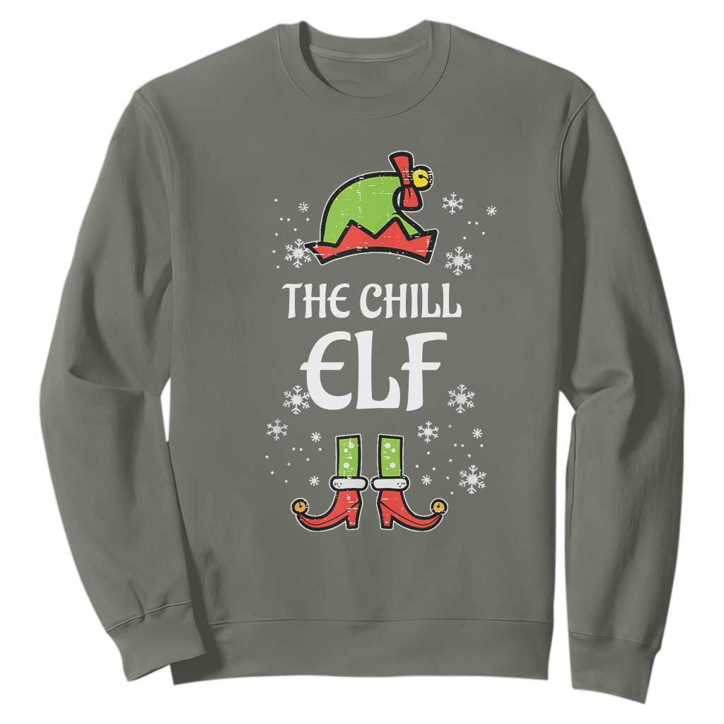 Funny Christmas Chill Guy Sweatshirt The Chill Elf Meme Xmas Family Match TS10 Military Green Print Your Wear