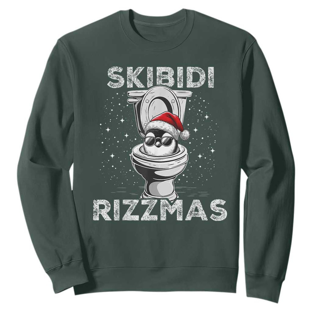 Funny Christmas Sweatshirt Skibidi Rizzmas Rizz Santa Toilet Penguin Kid Cool TS10 Dark Forest Green Print Your Wear