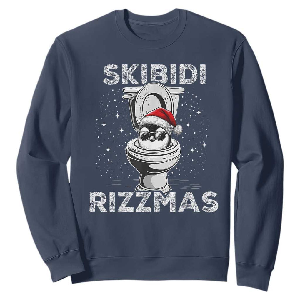 Funny Christmas Sweatshirt Skibidi Rizzmas Rizz Santa Toilet Penguin Kid Cool TS10 Navy Print Your Wear