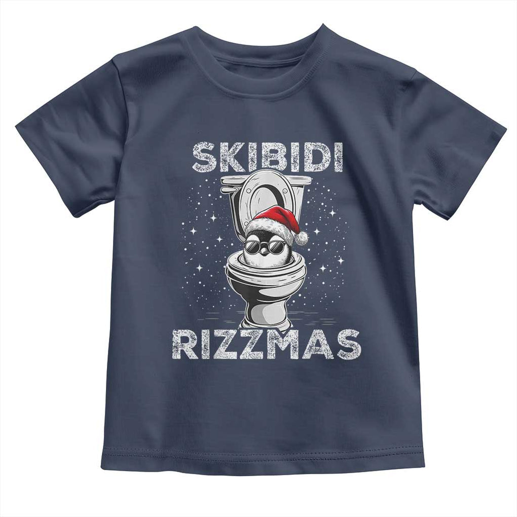 Funny Christmas Toddler T Shirt Skibidi Rizzmas Rizz Santa Toilet Penguin Kid Cool TS10 Navy Print Your Wear