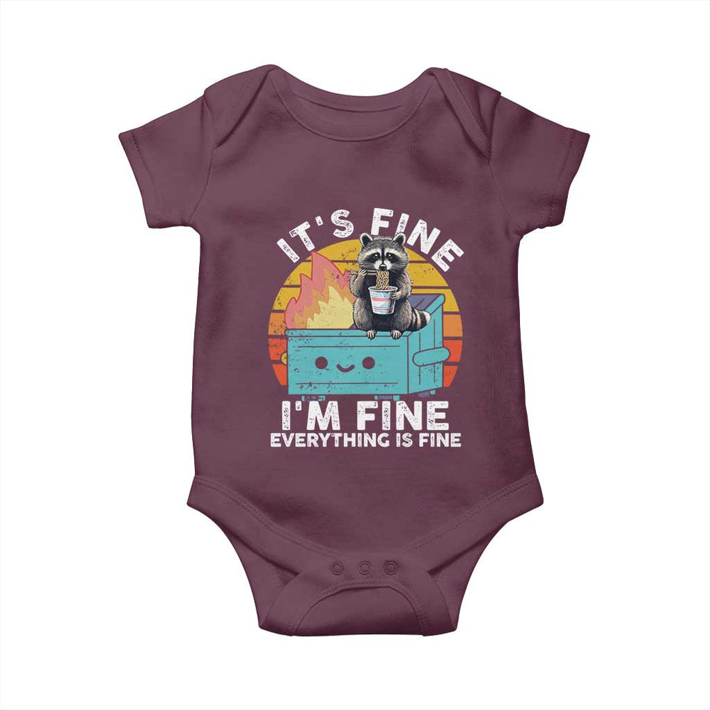 Funny Racoon Baby Onesie Eating Instant Noodle Cup Dumpster Fire Everything Is Fine Meme TS10 Maroon Print Your Wear