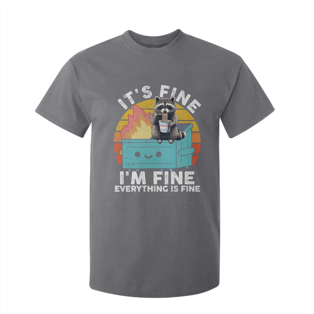 Funny Racoon T Shirt For Kid Eating Instant Noodle Cup Dumpster Fire Everything Is Fine Meme TS10 Charcoal Print Your Wear