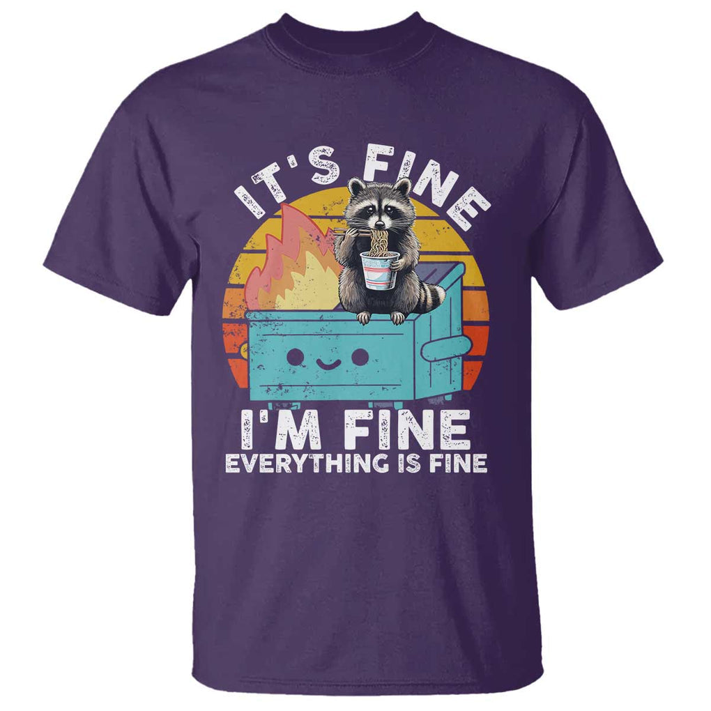 Funny Racoon T Shirt Eating Instant Noodle Cup Dumpster Fire Everything Is Fine Meme TS10 Purple Print Your Wear