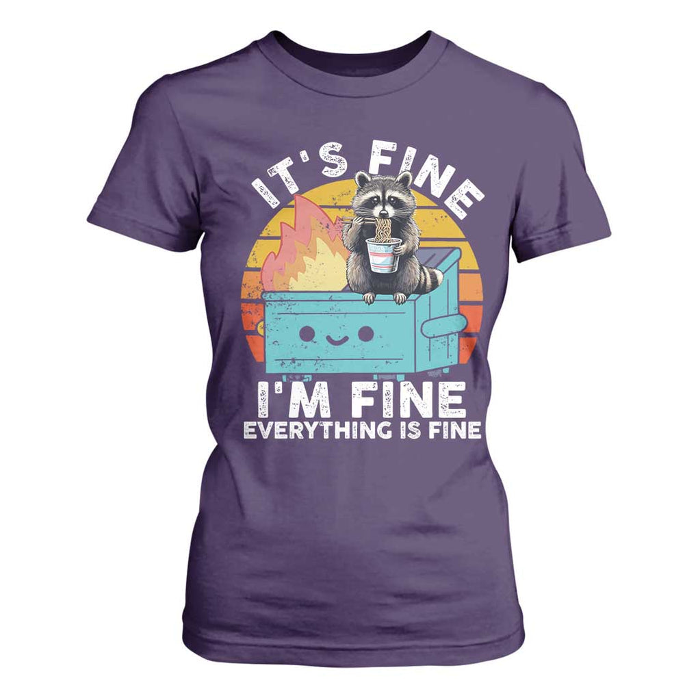 Funny Racoon T Shirt For Women Eating Instant Noodle Cup Dumpster Fire Everything Is Fine Meme TS10 Purple Print Your Wear