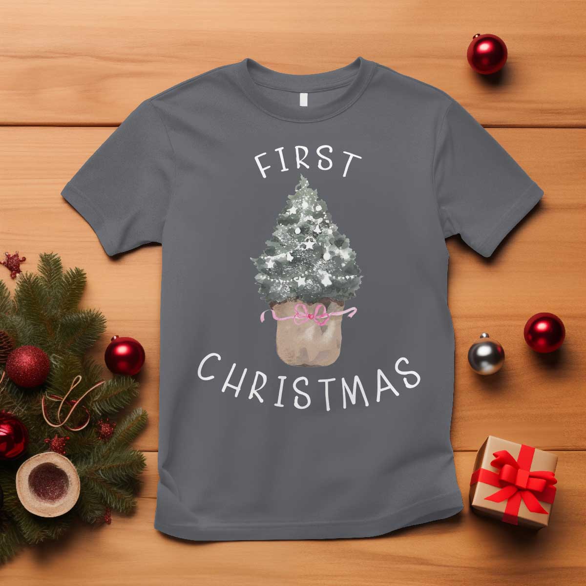 My First Christmas T Shirt Baby's First Holiday Xmas Tree Bow TS10 Charcoal Print Your Wear