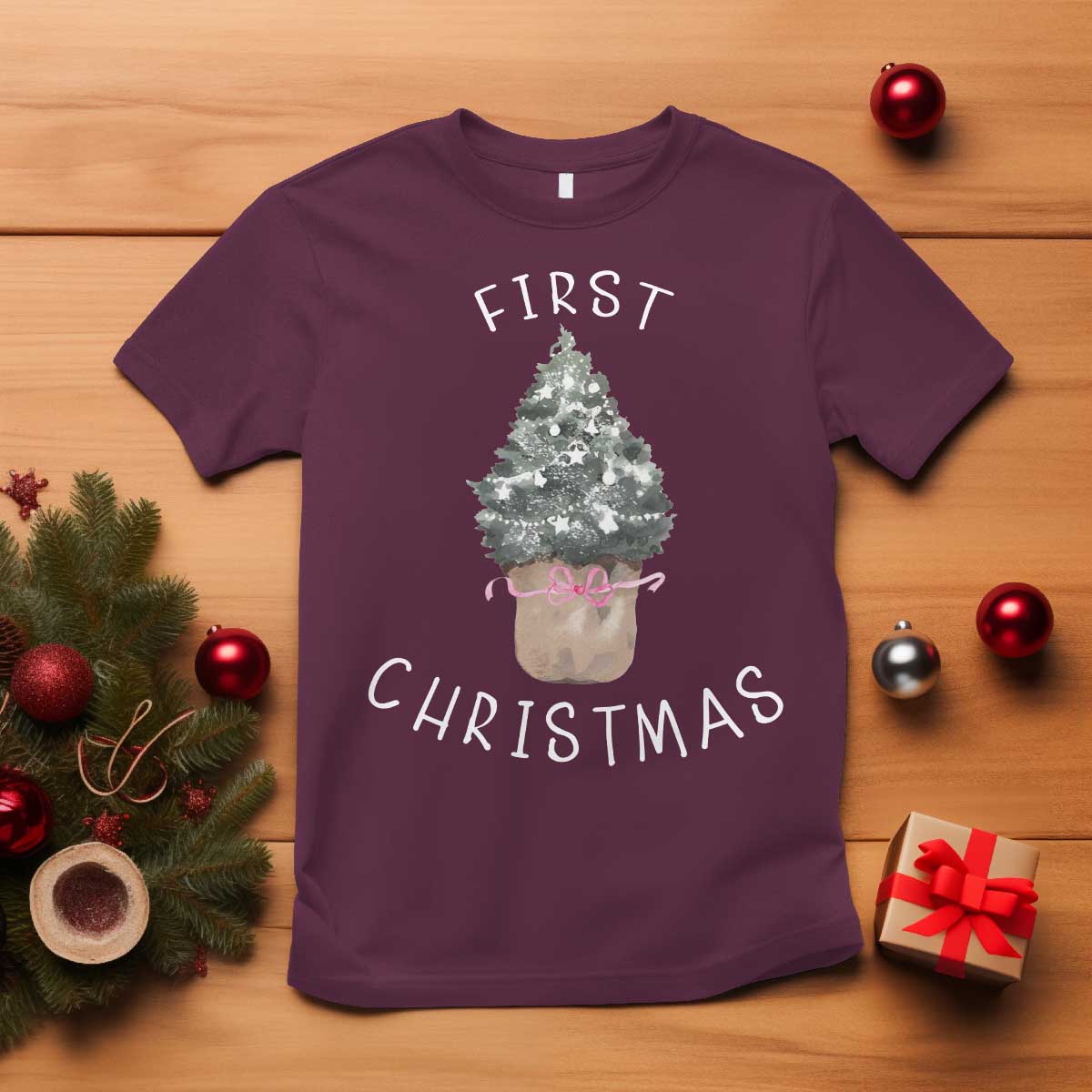 My First Christmas T Shirt Baby's First Holiday Xmas Tree Bow TS10 Maroon Print Your Wear