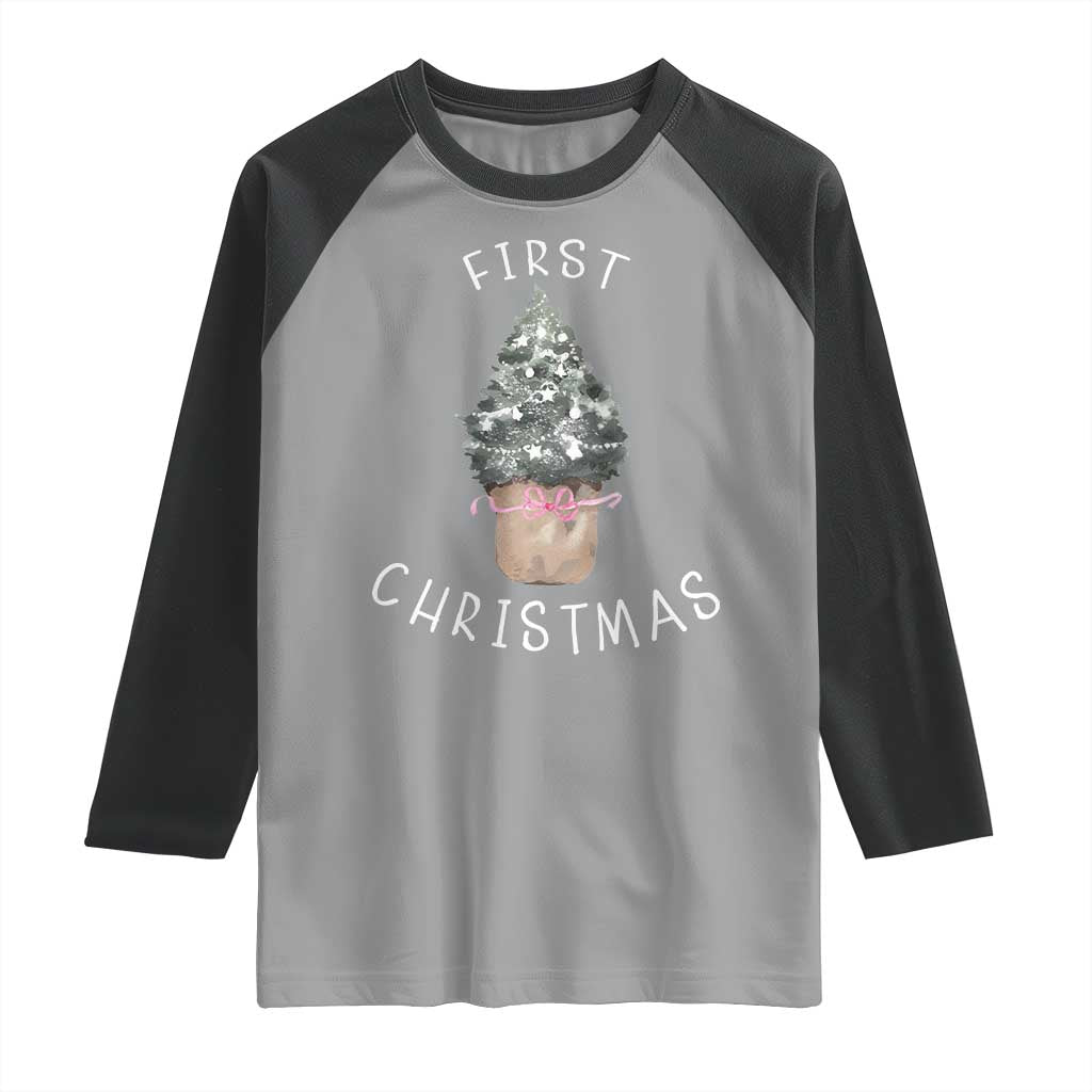 My First Christmas Raglan Shirt Baby's First Holiday Xmas Tree Bow TS10 Sport Gray Black Print Your Wear