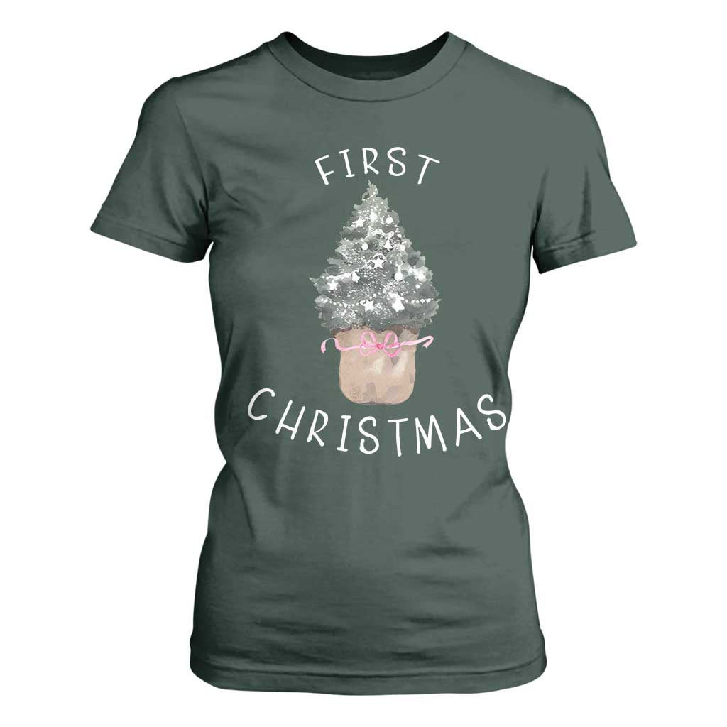 My First Christmas T Shirt For Women Baby's First Holiday Xmas Tree Bow TS10 Dark Forest Green Print Your Wear
