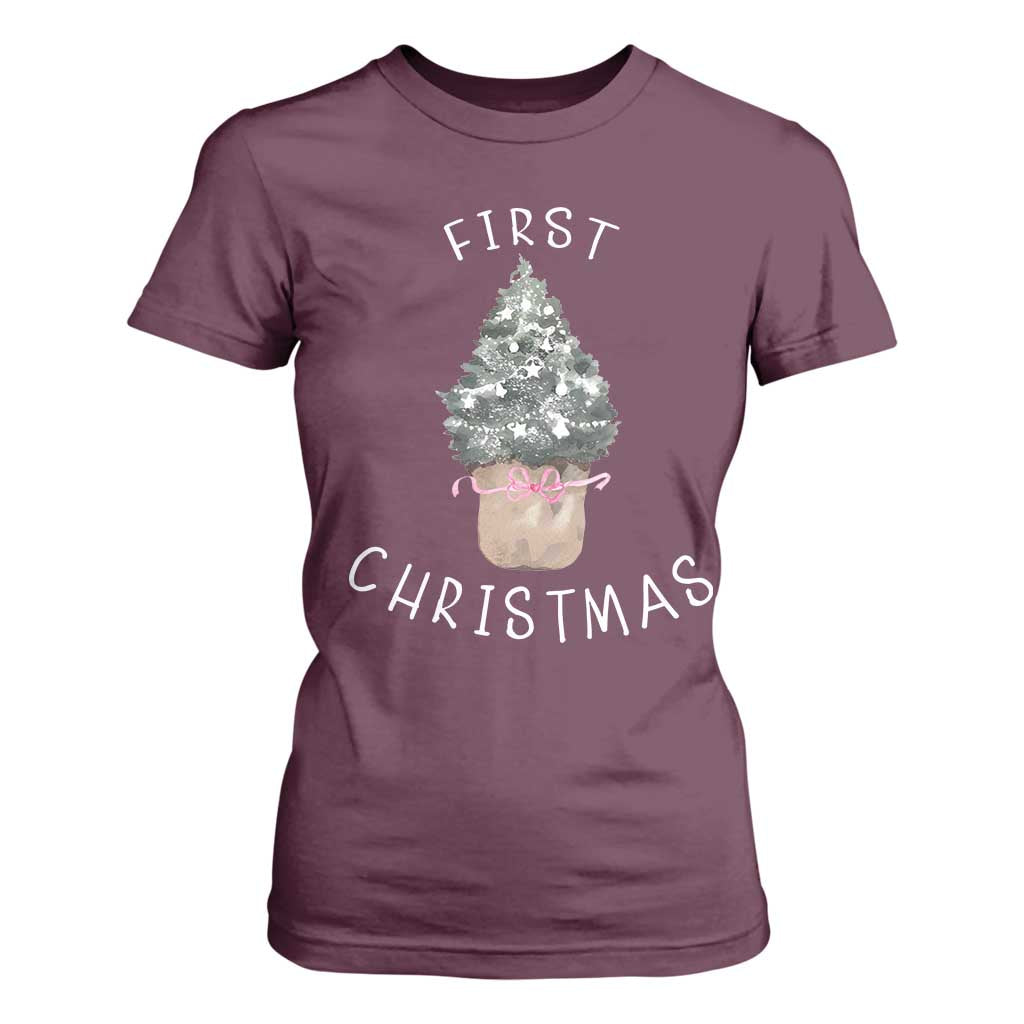 My First Christmas T Shirt For Women Baby's First Holiday Xmas Tree Bow TS10 Maroon Print Your Wear