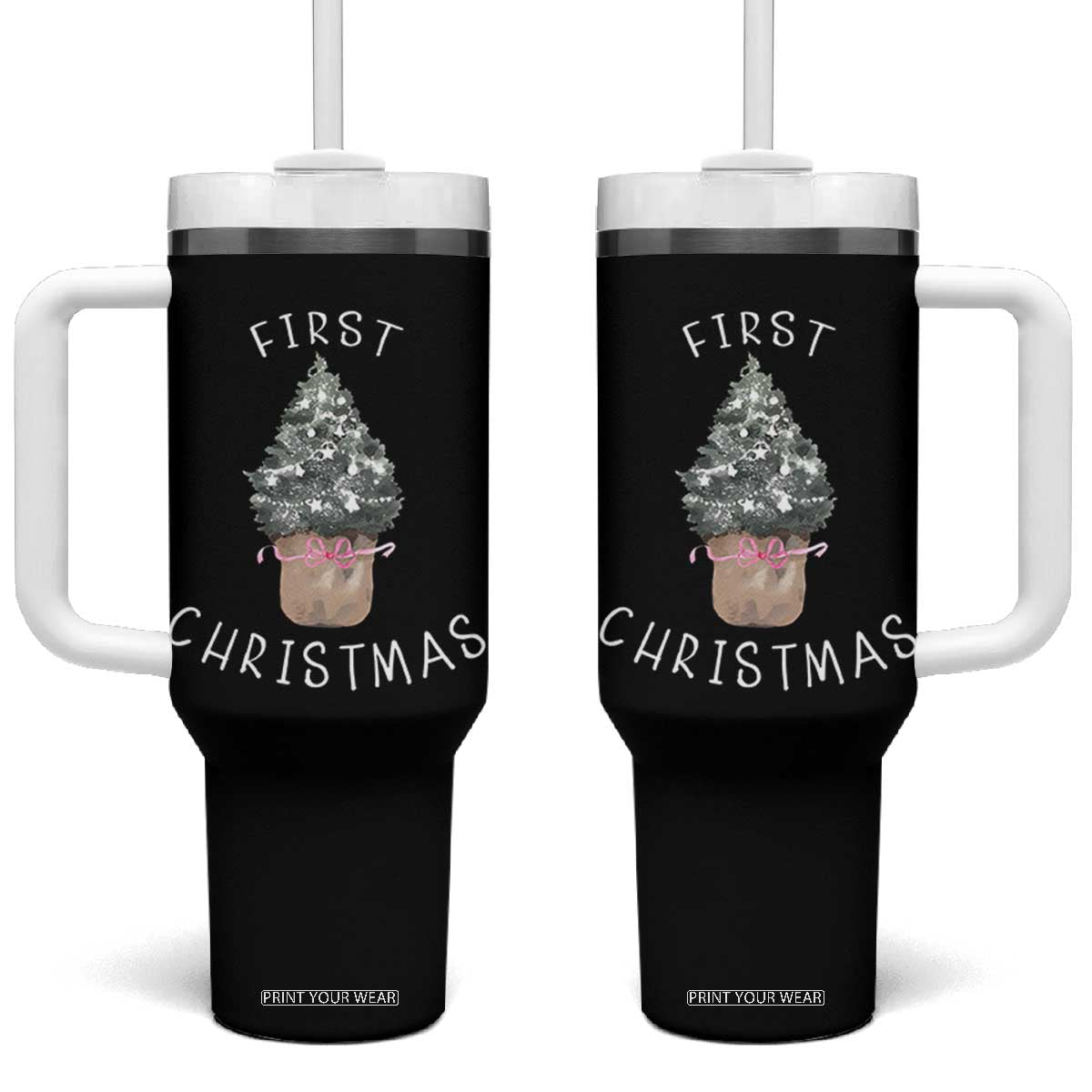 My First Christmas Tumbler With Handle Baby's First Holiday Xmas Tree Bow TS10 One Size: 40 oz Black Print Your Wear