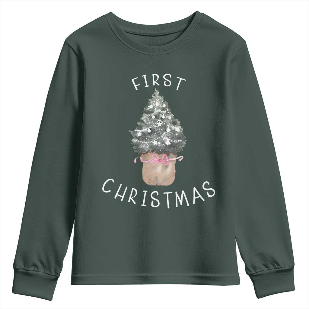 My First Christmas Youth Sweatshirt Baby's First Holiday Xmas Tree Bow TS10 Dark Forest Green Print Your Wear