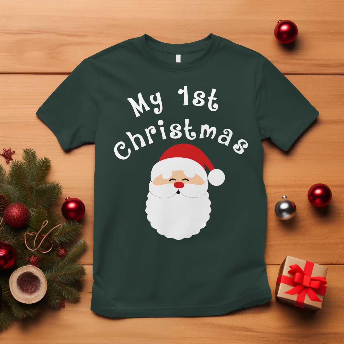 My First Christmas T Shirt Baby's First Holiday Xmas Santa TS10 Dark Forest Green Print Your Wear