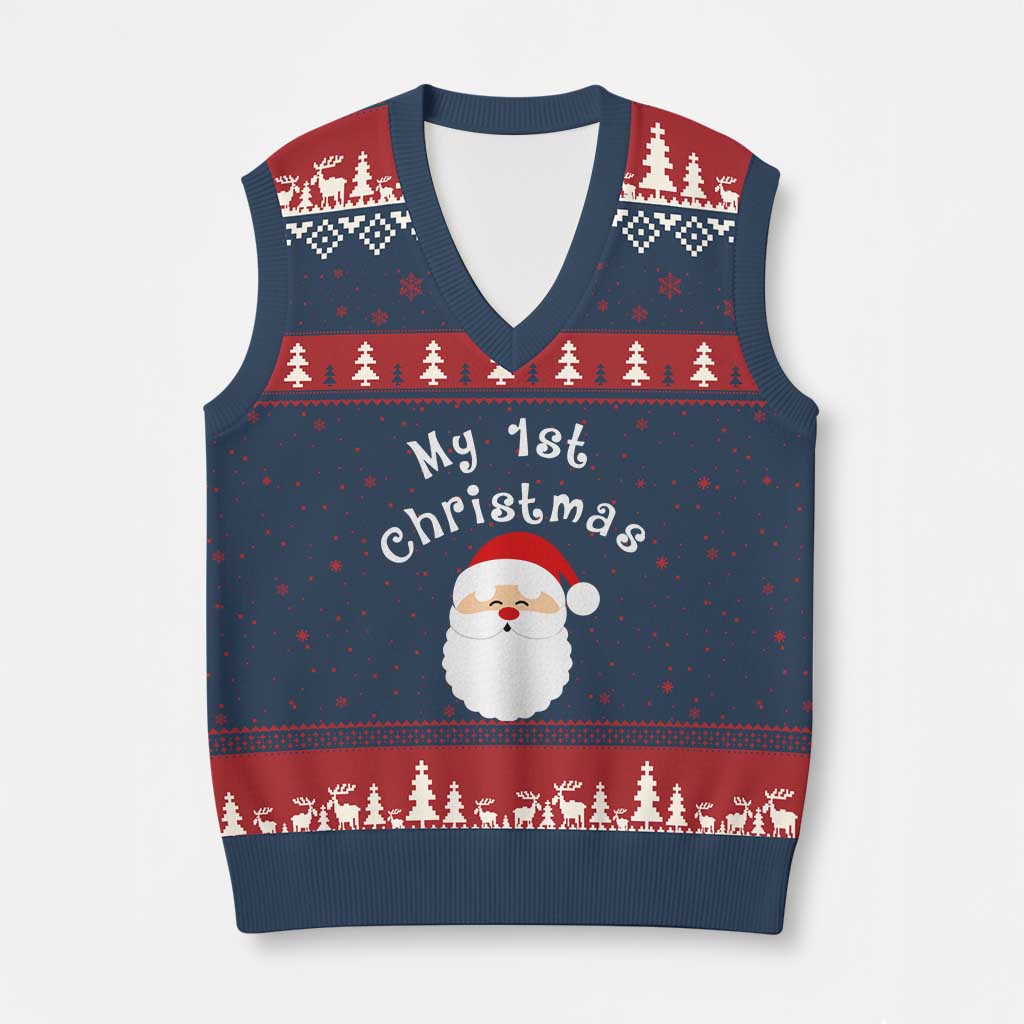 My First Xmas V-Neck Knit Sweater Vest Baby's First Holiday Xmas Santa TS10 Navy Red Print Your Wear