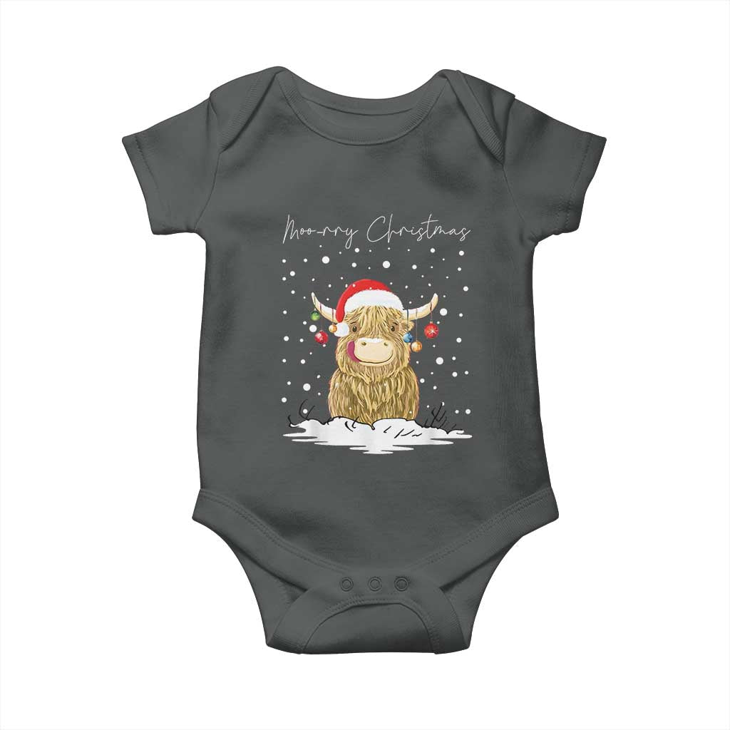 Christmas Cow Baby Onesie Scottish Highland Cow Moo-rry Christmas TS10 Dark Heather Print Your Wear