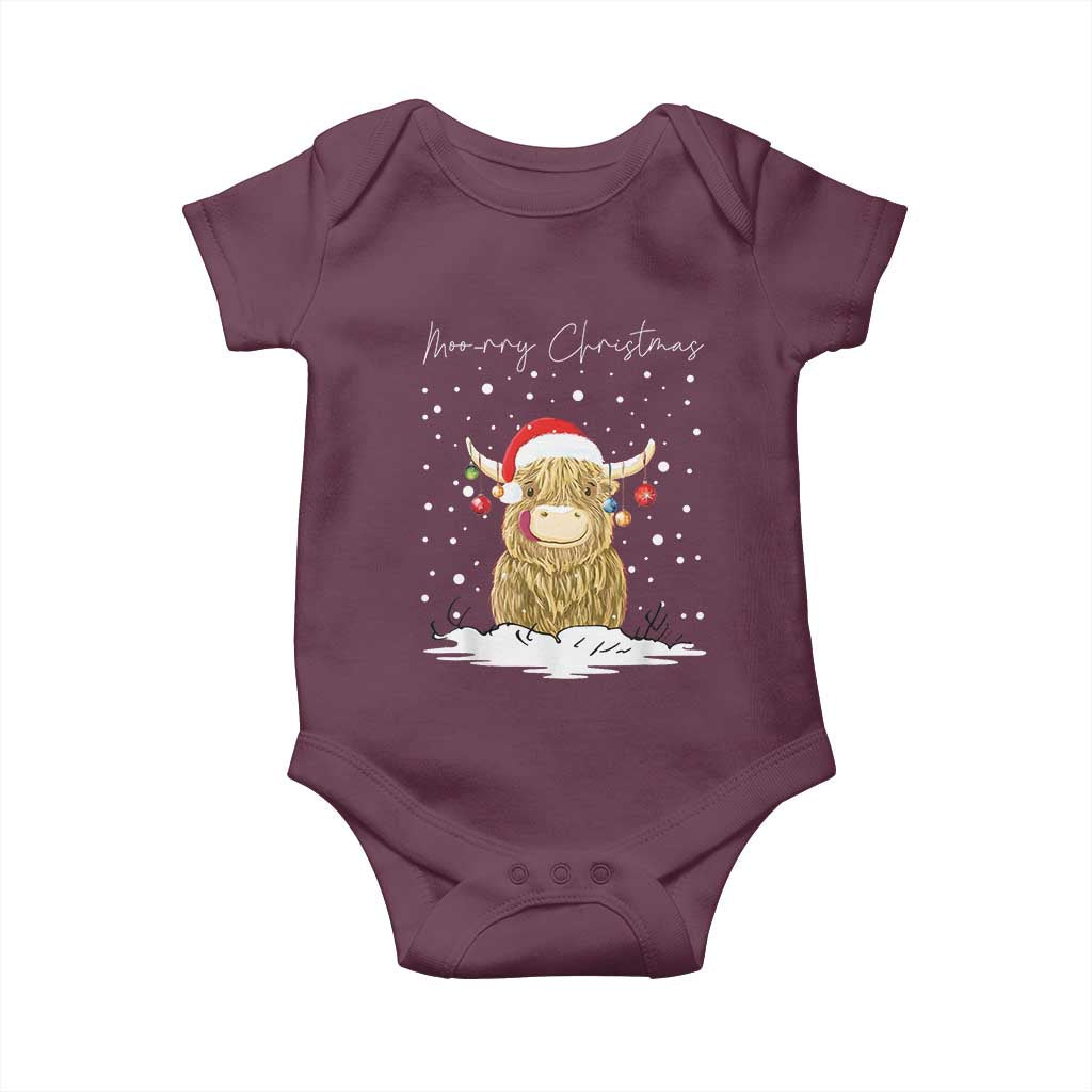 Christmas Cow Baby Onesie Scottish Highland Cow Moo-rry Christmas TS10 Maroon Print Your Wear