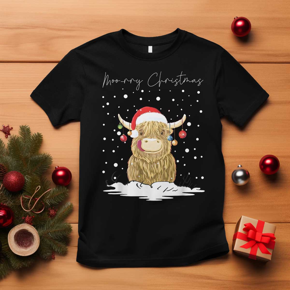 Christmas Cow T Shirt Scottish Highland Cow Moo-rry Christmas TS10 Black Print Your Wear