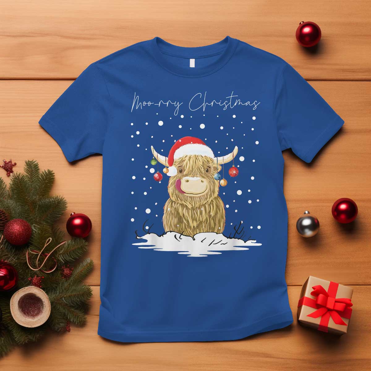 Christmas Cow T Shirt Scottish Highland Cow Moo-rry Christmas TS10 Royal Blue Print Your Wear