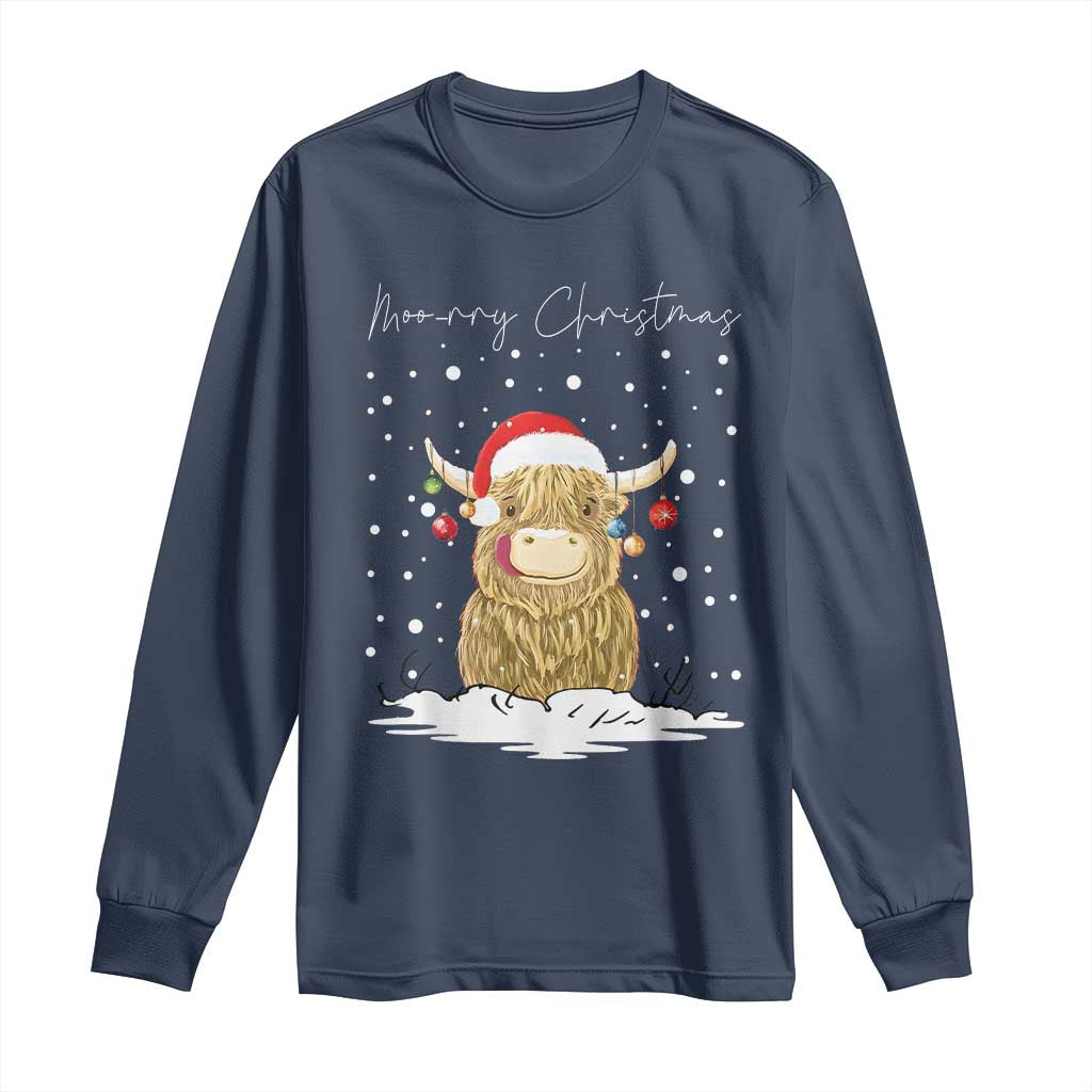Christmas Cow Long Sleeve Shirt Scottish Highland Cow Moo-rry Christmas TS10 Navy Print Your Wear