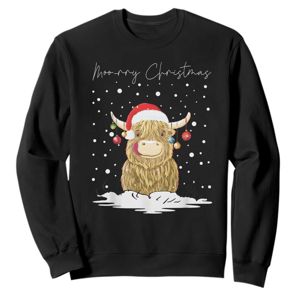 Christmas Cow Sweatshirt Scottish Highland Cow Moo-rry Christmas TS10 Black Print Your Wear