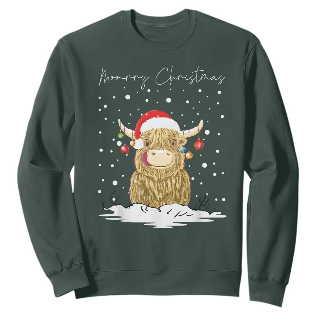 Christmas Cow Sweatshirt Scottish Highland Cow Moo-rry Christmas TS10 Dark Forest Green Print Your Wear