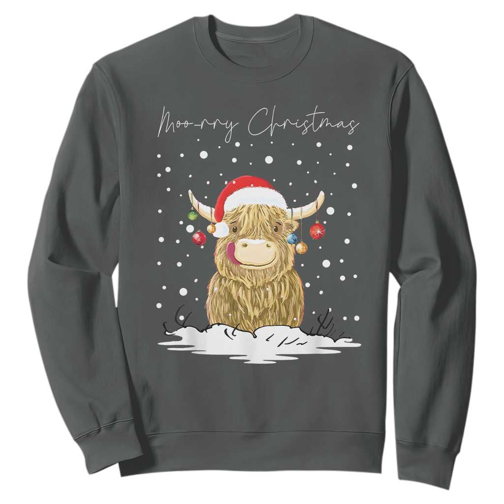 Christmas Cow Sweatshirt Scottish Highland Cow Moo-rry Christmas TS10 Dark Heather Print Your Wear