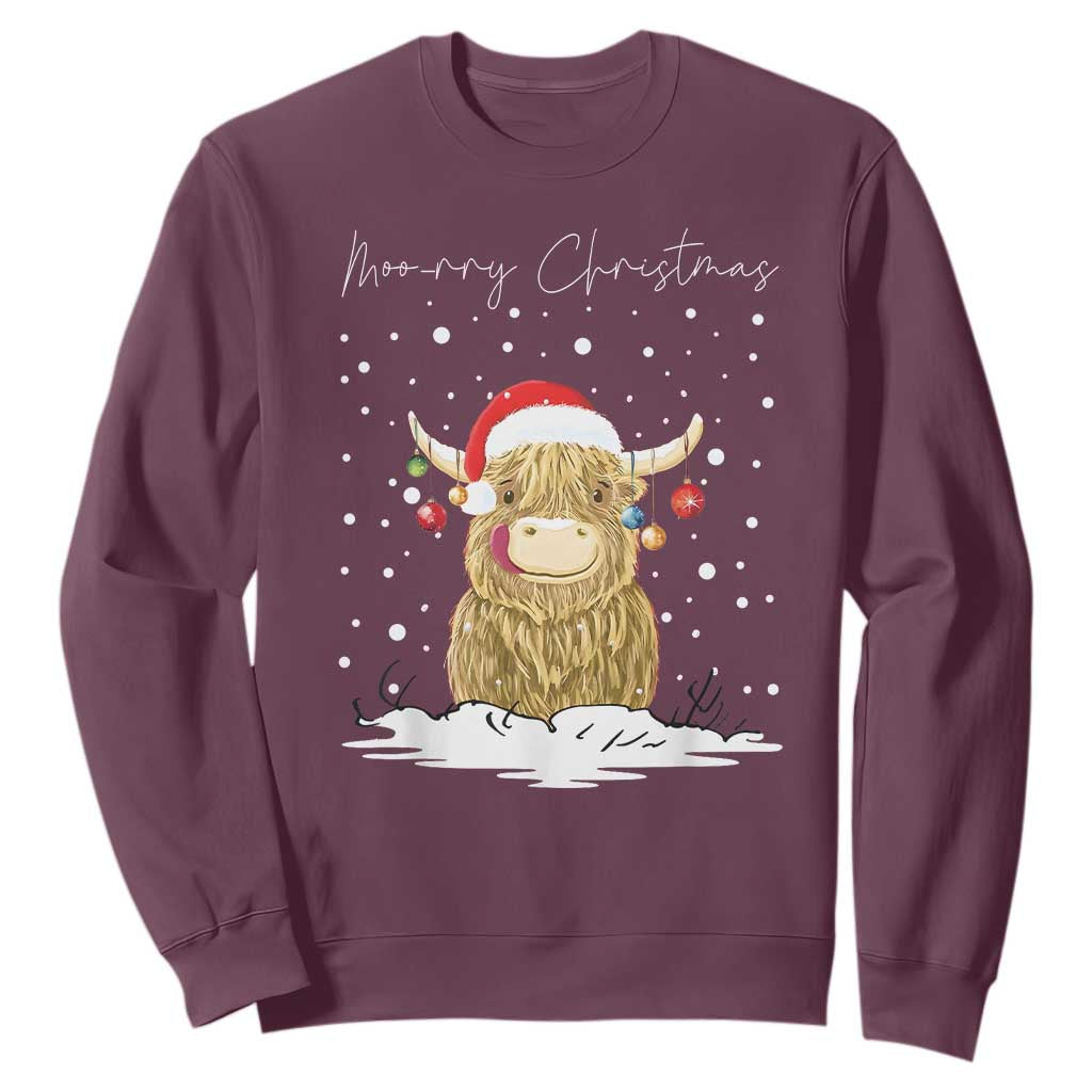 Christmas Cow Sweatshirt Scottish Highland Cow Moo-rry Christmas TS10 Maroon Print Your Wear