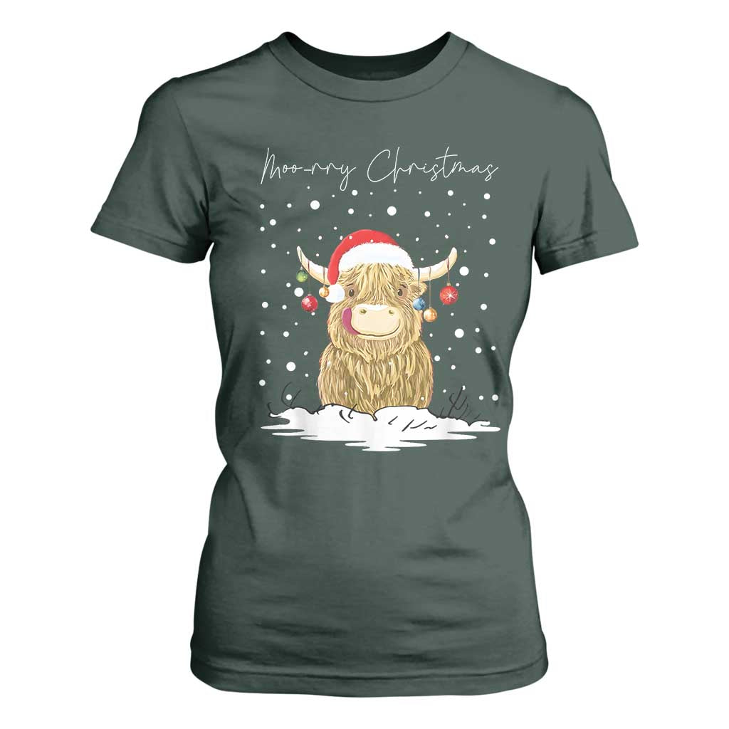 Christmas Cow T Shirt For Women Scottish Highland Cow Moo-rry Christmas TS10 Dark Forest Green Print Your Wear
