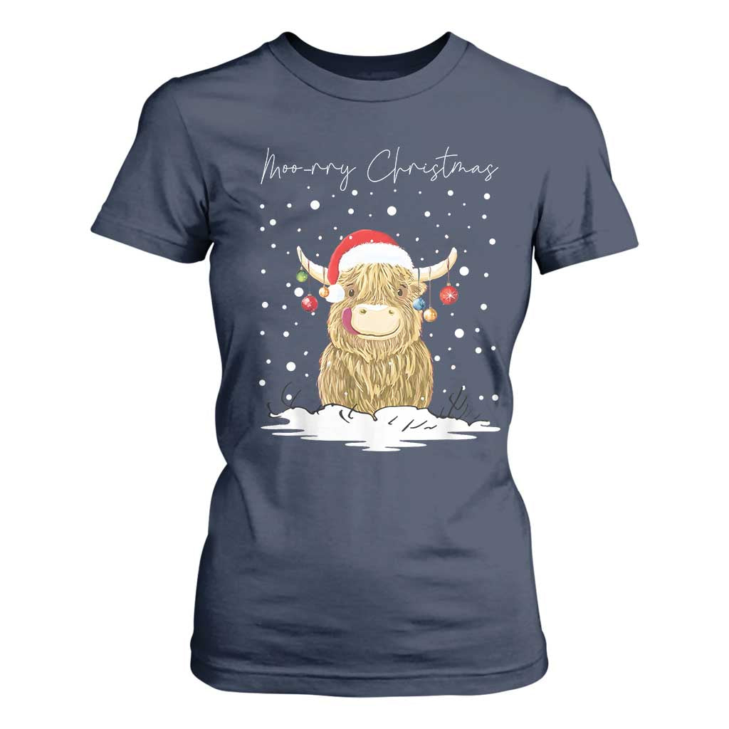 Christmas Cow T Shirt For Women Scottish Highland Cow Moo-rry Christmas TS10 Navy Print Your Wear