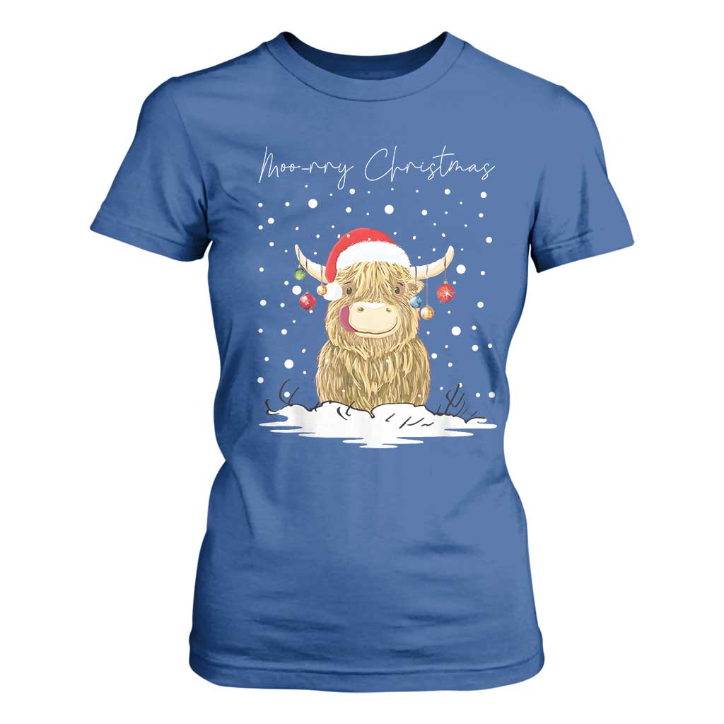 Christmas Cow T Shirt For Women Scottish Highland Cow Moo-rry Christmas TS10 Royal Blue Print Your Wear