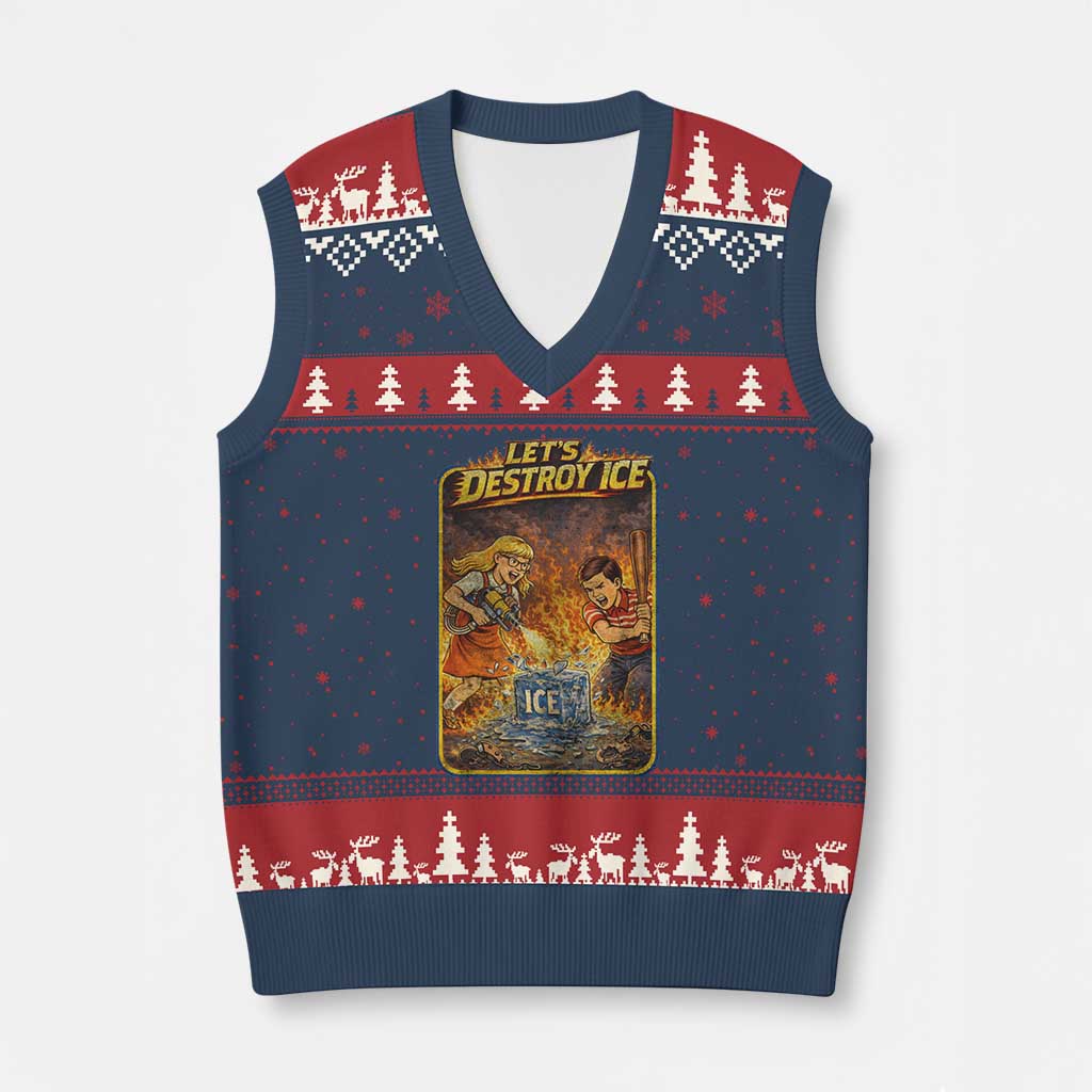 Subtle Abolish Ice V-Neck Knit Sweater Vest Retro Protest Satirical Graphic Let's Destroy Ice TS10 Navy Red Print Your Wear