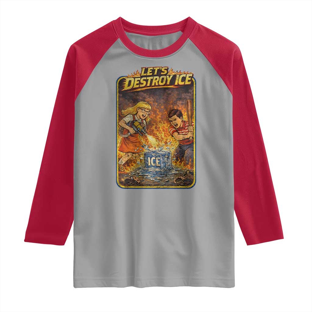Subtle Abolish Ice Raglan Shirt Retro Protest Satirical Graphic Let's Destroy Ice TS10 Sport Gray Red Print Your Wear