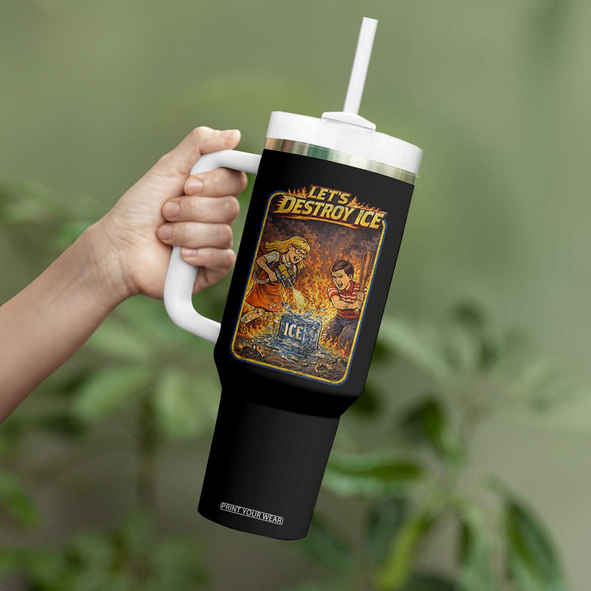 Subtle Abolish Ice Tumbler With Handle Retro Protest Satirical Graphic Let's Destroy Ice TS10 Print Your Wear