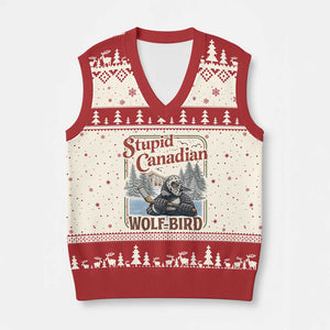 Stupid Canadian Wolf Bird V-Neck Knit Sweater Vest Vintage Heated Hookey Loon Meme TS10 Beige Red Print Your Wear