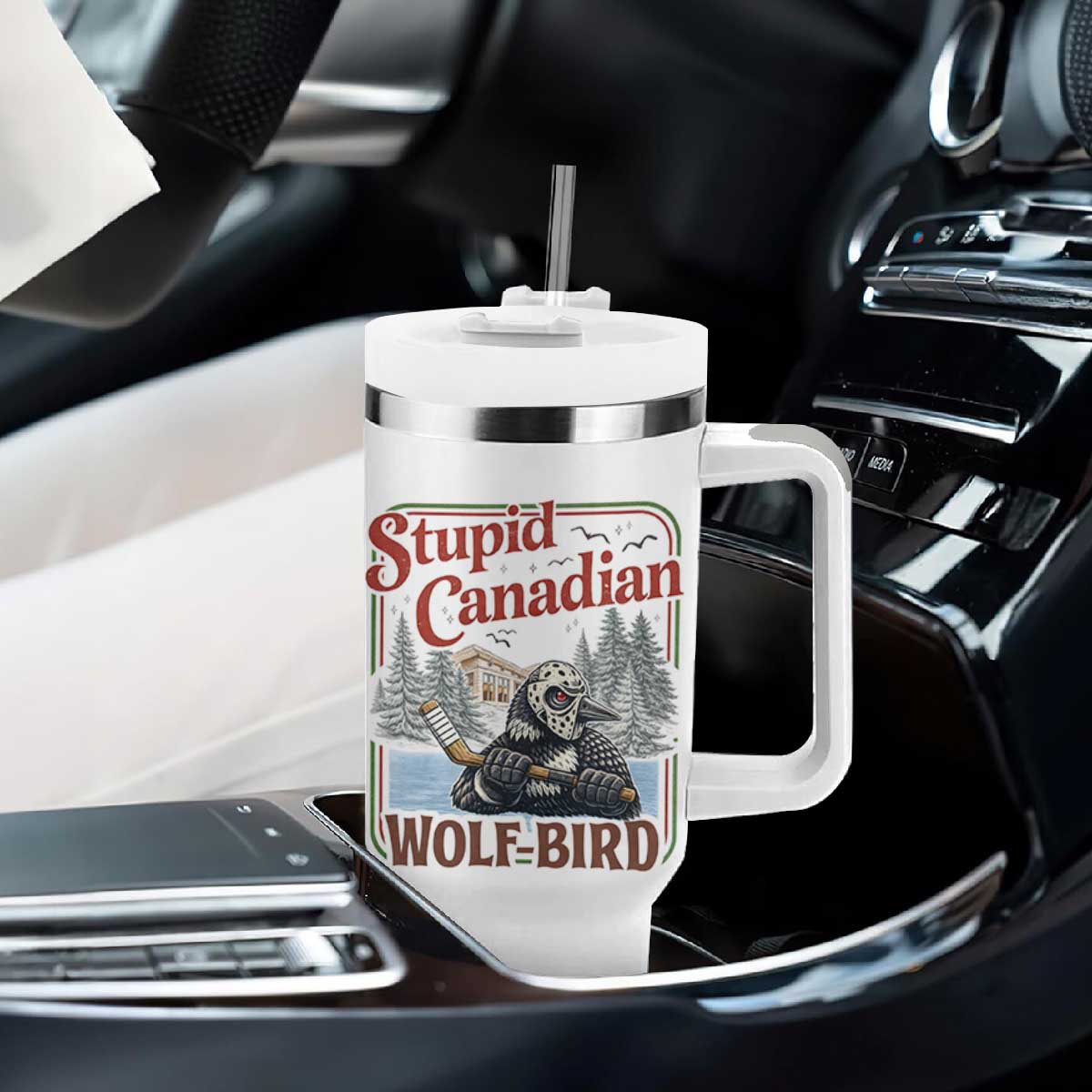 Stupid Canadian Wolf Bird Tumbler With Handle Vintage Heated Hookey Loon Meme TS10 Print Your Wear