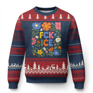 Fck Ice Ugly Christmas Sweater Funny Boho Floral Resist Retro Pro Immigration TS10 Navy Red Print Your Wear