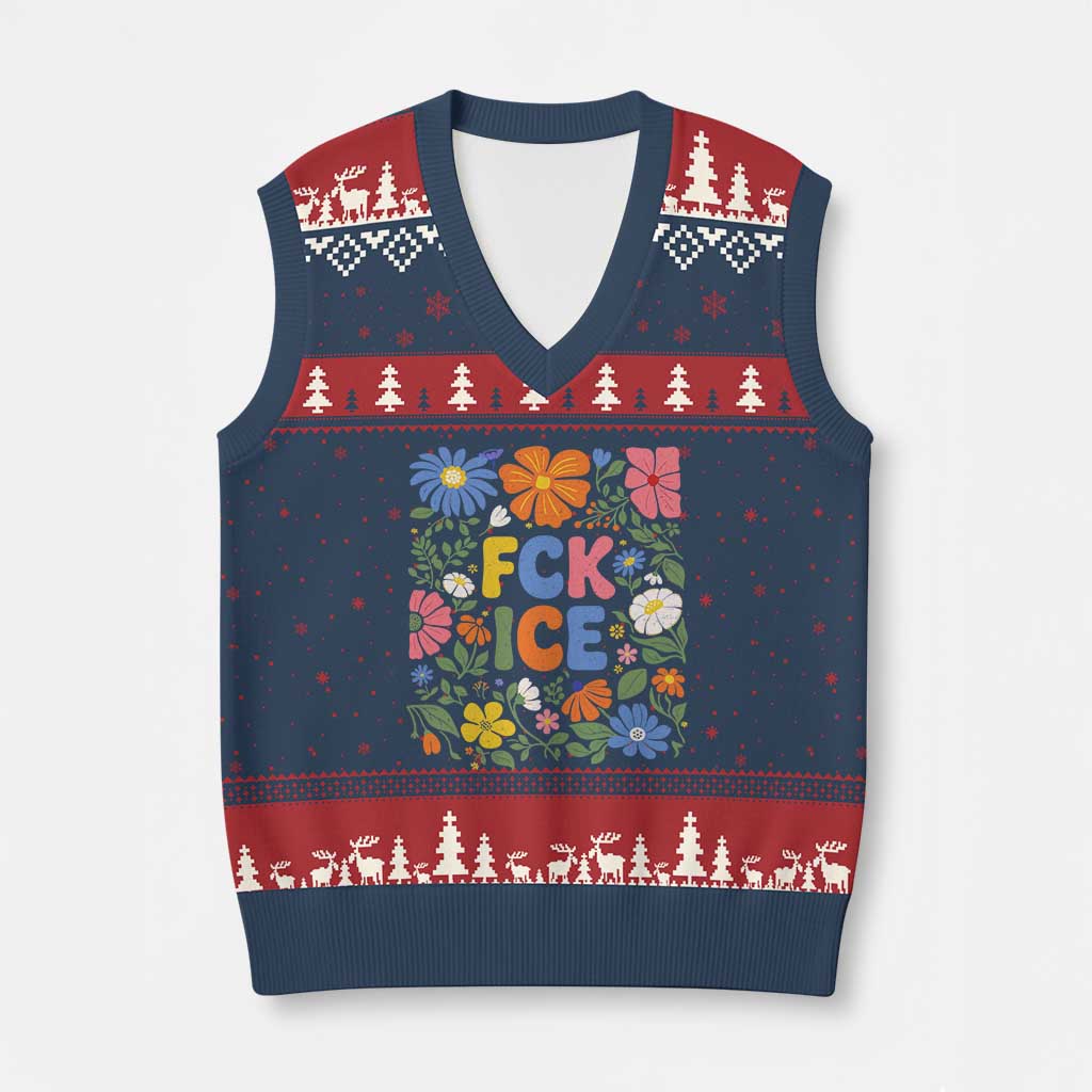 Fck Ice V-Neck Knit Sweater Vest Funny Boho Floral Resist Retro Pro Immigration TS10 Navy Red Print Your Wear