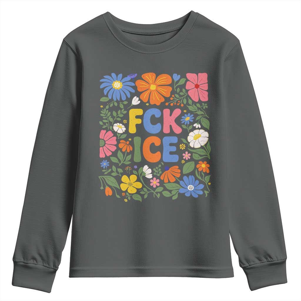 Fck Ice Youth Sweatshirt Funny Boho Floral Resist Retro Pro Immigration TS10 Dark Heather Print Your Wear