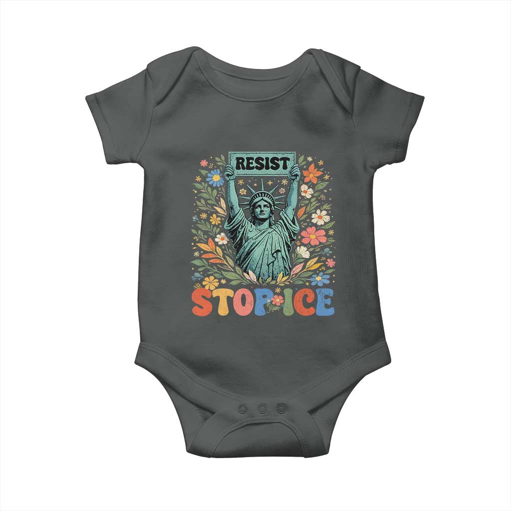Stop ICE Baby Onesie Funny Statue of Liberty Boho Floral Resist Retro TS10 Dark Heather Print Your Wear