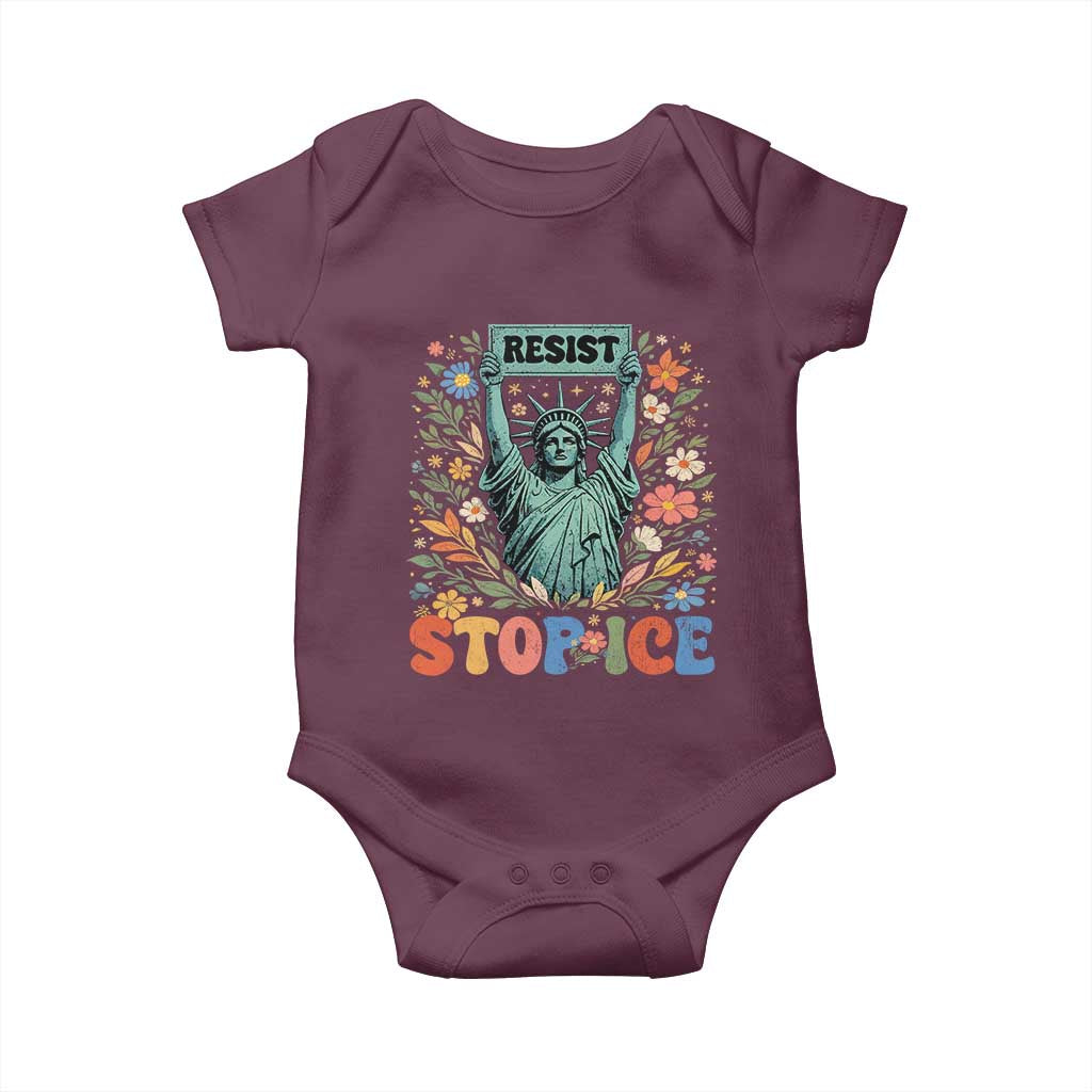 Stop ICE Baby Onesie Funny Statue of Liberty Boho Floral Resist Retro TS10 Maroon Print Your Wear