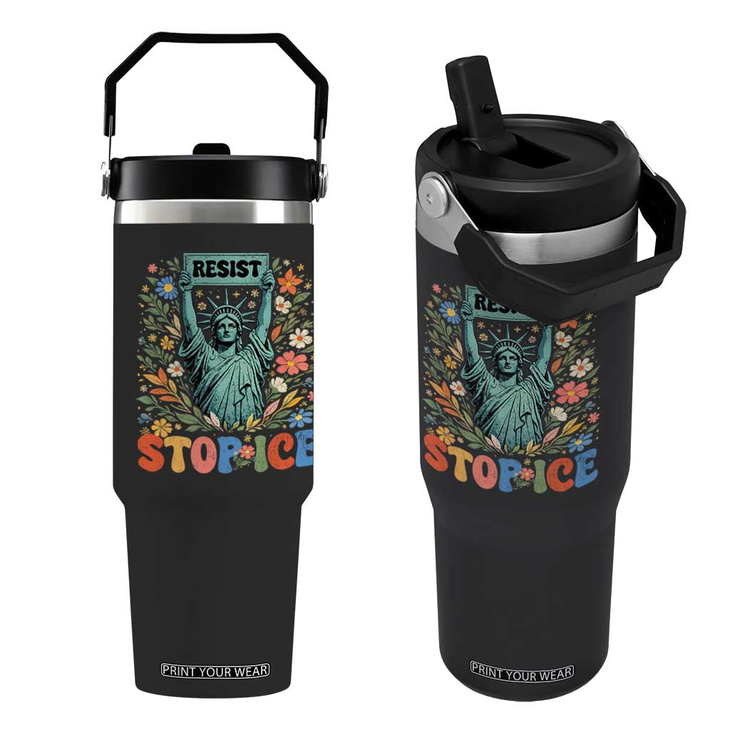Stop ICE Flip Straw Tumbler Funny Statue of Liberty Boho Floral Resist Retro TS10 One Size: 30 oz Black Print Your Wear