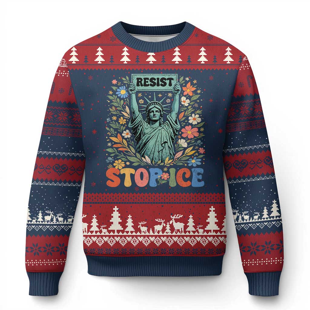 Stop ICE Ugly Christmas Sweater Funny Statue of Liberty Boho Floral Resist Retro TS10 Navy Red Print Your Wear
