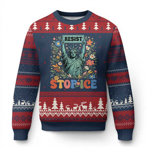 Stop ICE Ugly Christmas Sweater Funny Statue of Liberty Boho Floral Resist Retro TS10 Navy Red Print Your Wear