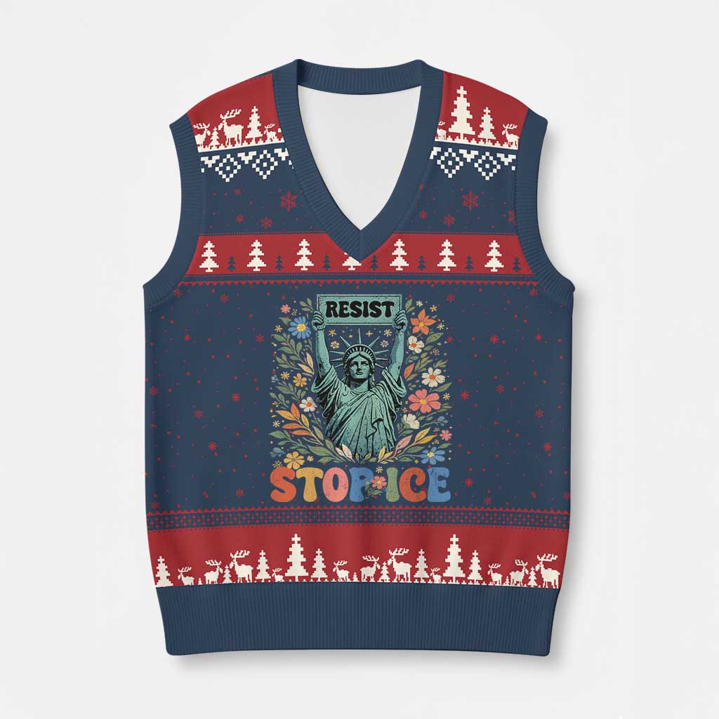 Stop ICE V-Neck Knit Sweater Vest Funny Statue of Liberty Boho Floral Resist Retro TS10 Navy Red Print Your Wear