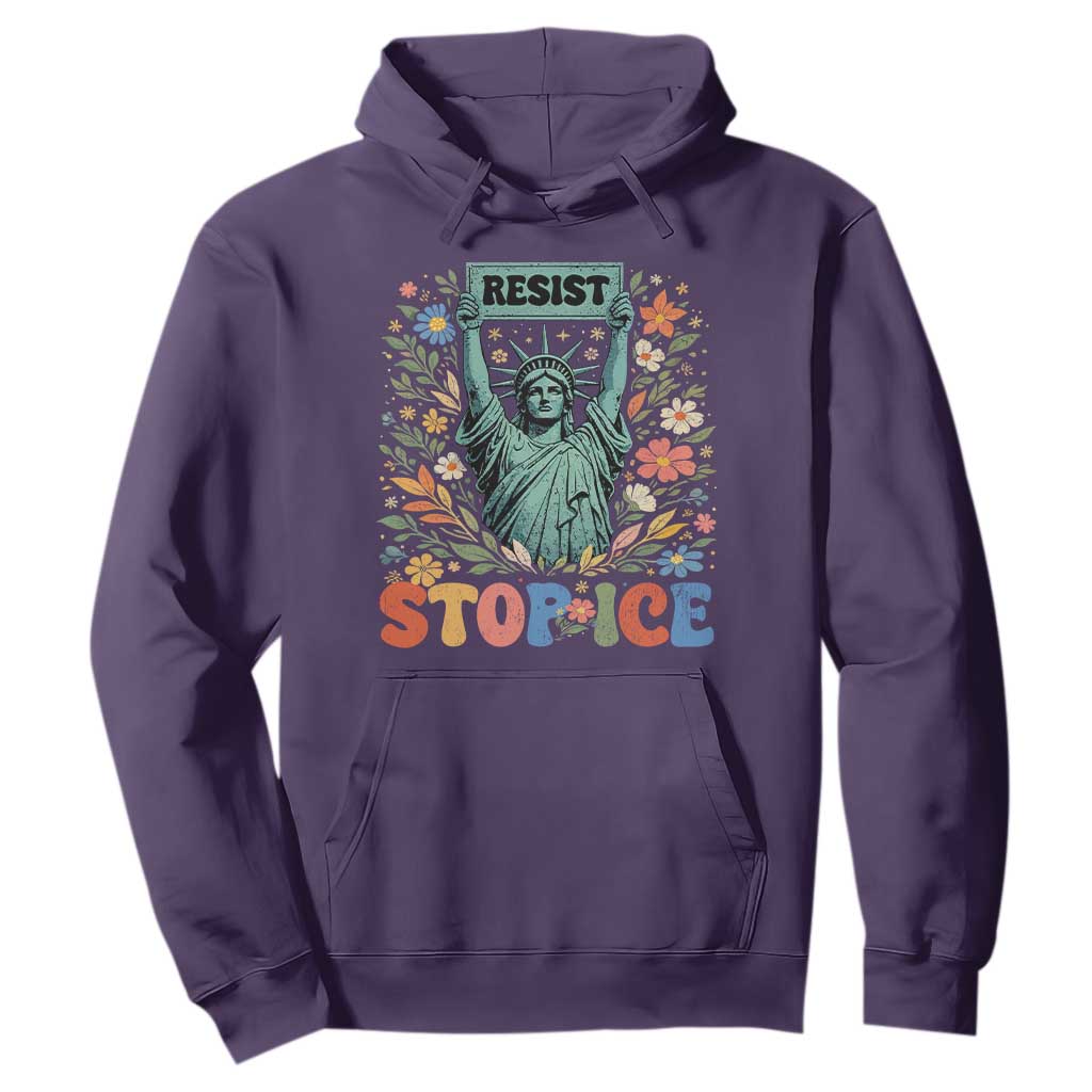 Stop ICE Hoodie Funny Statue of Liberty Boho Floral Resist Retro TS10 Purple Print Your Wear