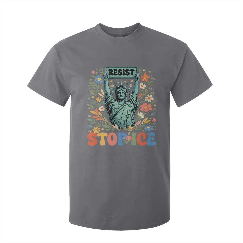 Stop ICE T Shirt For Kid Funny Statue of Liberty Boho Floral Resist Retro TS10 Charcoal Print Your Wear