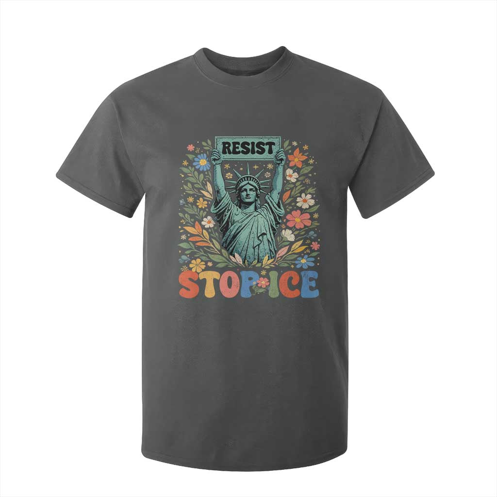 Stop ICE T Shirt For Kid Funny Statue of Liberty Boho Floral Resist Retro TS10 Dark Heather Print Your Wear