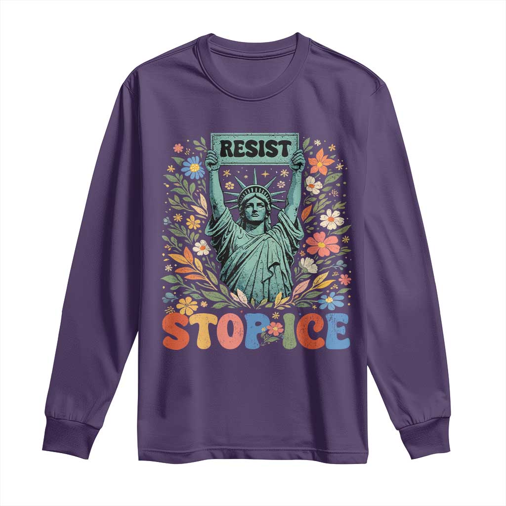 Stop ICE Long Sleeve Shirt Funny Statue of Liberty Boho Floral Resist Retro TS10 Purple Print Your Wear