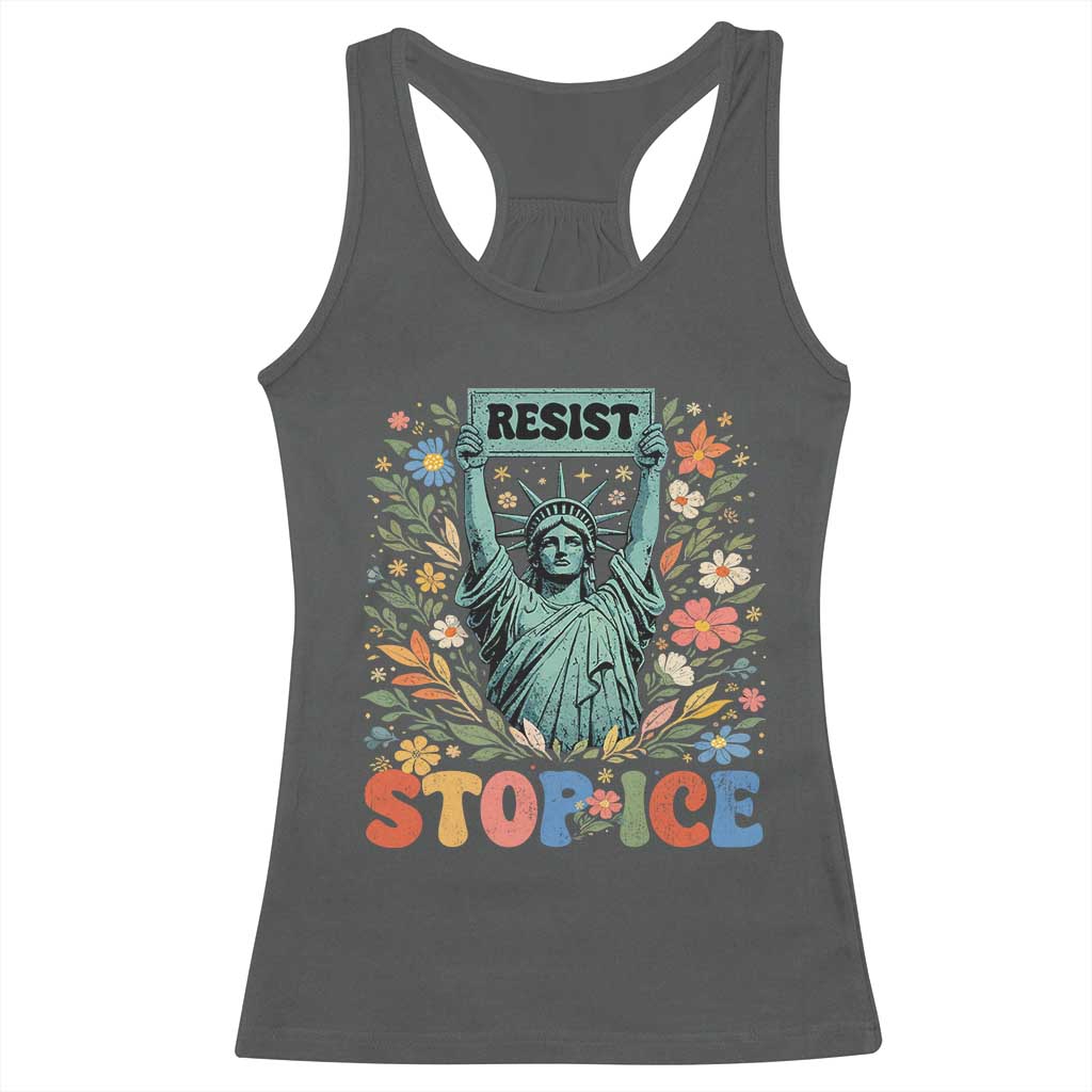 Stop ICE Racerback Tank Top Funny Statue of Liberty Boho Floral Resist Retro TS10 Dark Heather Print Your Wear